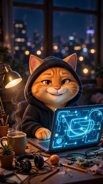 Кот-хакер в стиле «3D-мультфильм»